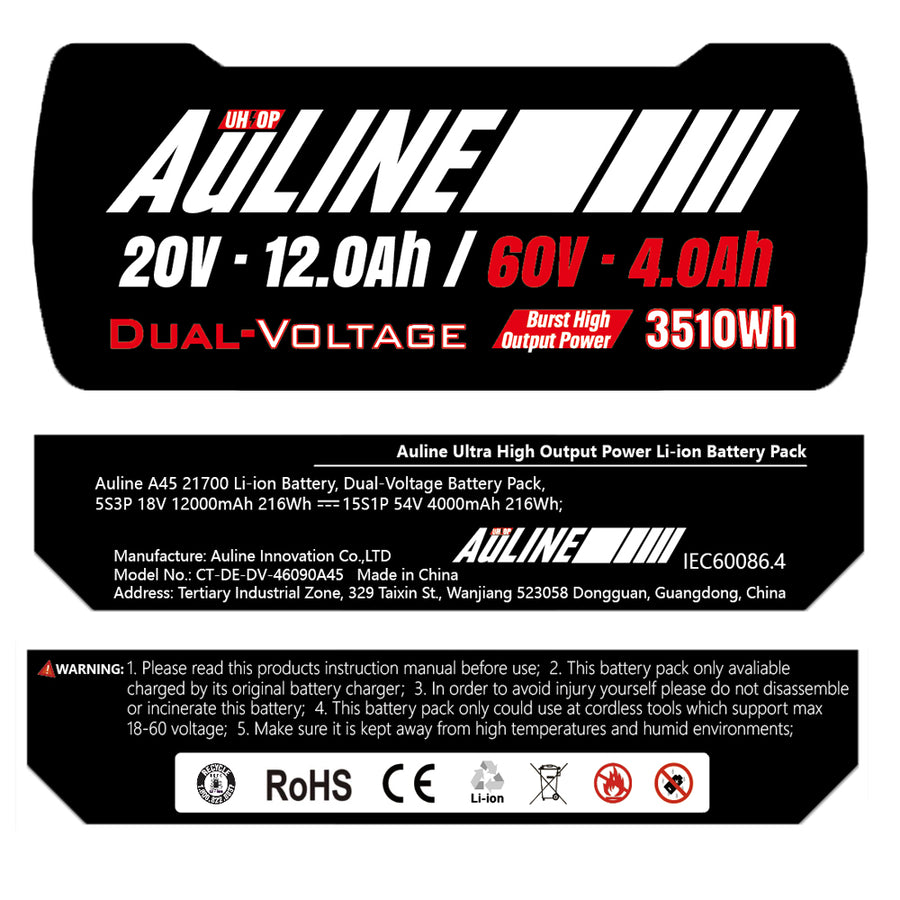 Auline UHOP 12Ah Dual-Voltage 20V/60V for Dewalt 20V/60V Cordless Tools