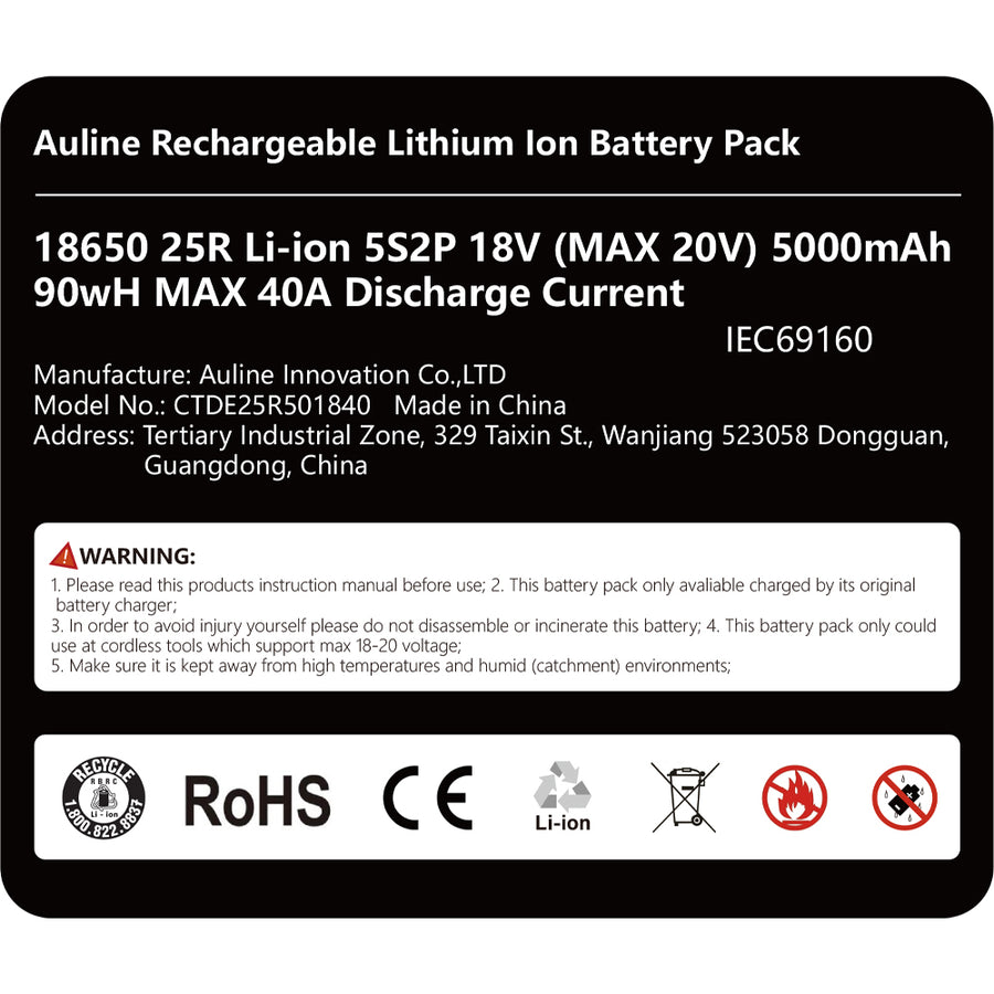 CTB 18-Volt 5.0Ah 25R 18650 Li-Ion High Power Output Battery Pack For Dewalt 20V Cordless Tools