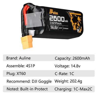 18650 LI-ON 2600mAh 4S 14.8V 1C XT60, FPV Goggles Battery Pack Built-in Protect Board